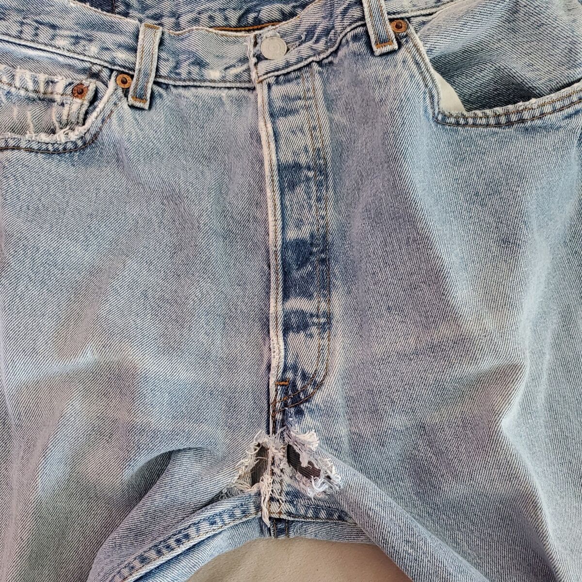 Levi's 501 Button Fly Denim Jeans crotch holes damaged 36X30 Levi's 501 Button Fly Denim Jeans crotch holes damaged 36X30