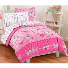 Girls Pink Purple Princess Castle Crowns 5 pc Comforter Sheet Set Twin Bed Bag