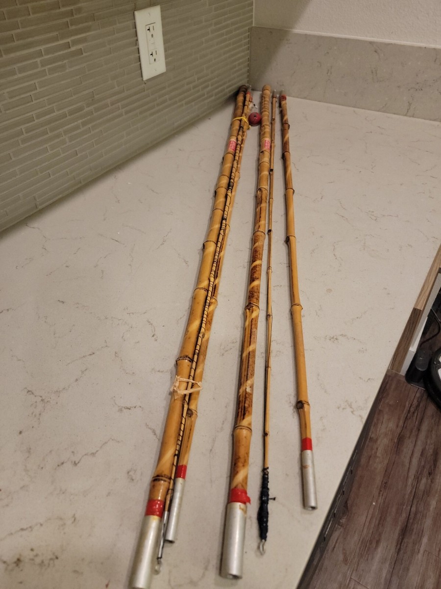 bamboo fishing pole with 2 eyeliys Vintage Cane Bobber, Hook, Line and Sinker Premium nickel silver reel seats Sextant Bamboo