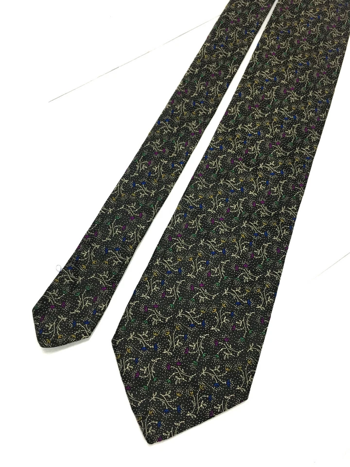 Auténtica corbata ENRICO COVERI diseño de árbol de flores en negro plata 100 % seda Foto 4 de 4