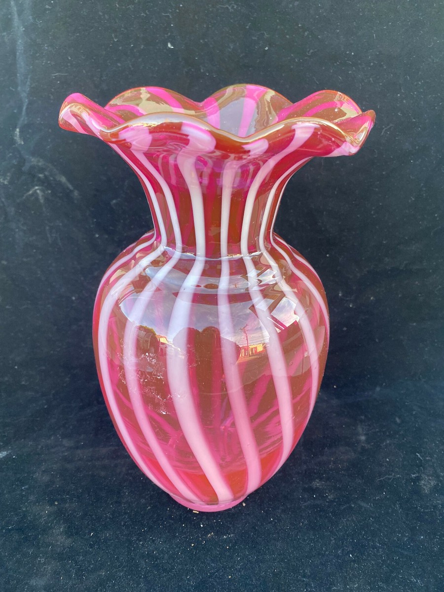 Cranberry Opalescent Striped Swirl Fenton Glass Vase Ruffled