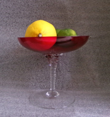 Vtg SASAKI CRYSTAL CORONATION RUBY Glass Tazza Compote w TWISTED  STEM Japan '70