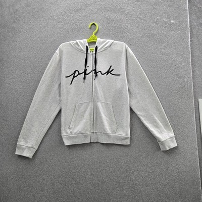 PINK Victoria's Secret Women Hoodie XL Gray Fleece Logo Script Activewear