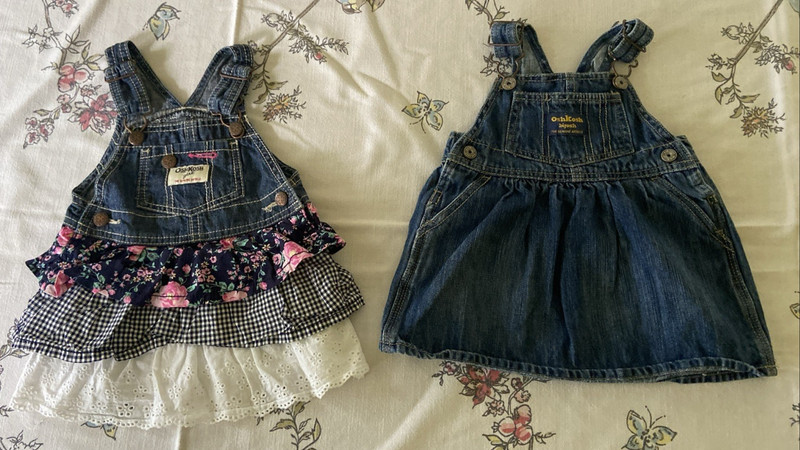 TWO Girl's Oshkosh B'Gosh Overalls Skirtalls Shirts Size 12 months *pre-owned*
