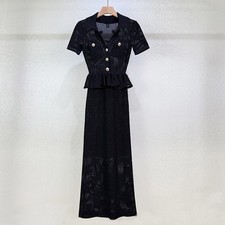 Self-Portrait Womens Autumn Classic V-Neck Bow Lapel Hollow Knitted Long Dress