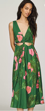 Farm Rio x Anthropologie Linen Blend V-Neck Cutout Midi Dress