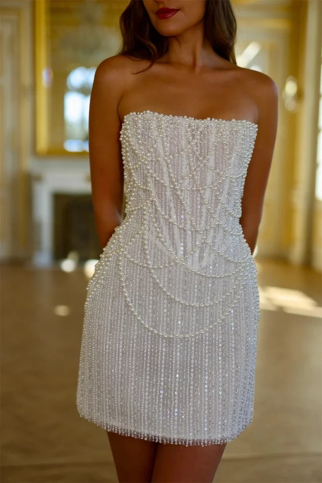 Short Wedding Dresses Luxury Pearls Beading Strapless Mini Bridal Gowns - Image 2 of 4