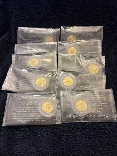 1943 Steel Wartime Wheat Cent Plated in 24KT Gold with COA Lot Of 10