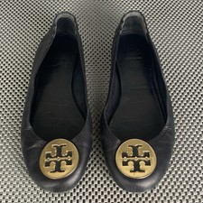 Tory Burch Ballerina Flat Shoes Womens 8 Black Leather Slip On Big Logo