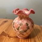Lovely Fenton Burmese Diamond Optic Ruffled Hand Painted Vase Signed Bill Fenton