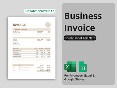 Business Invoice Template - Easy to Use Microsoft Excel & Google Sheets Template