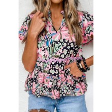 Printed Notched Short Sleeve Blouse