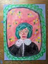 portrait lady acrylic painting green orange flower 9x12 2021 contemporary art 