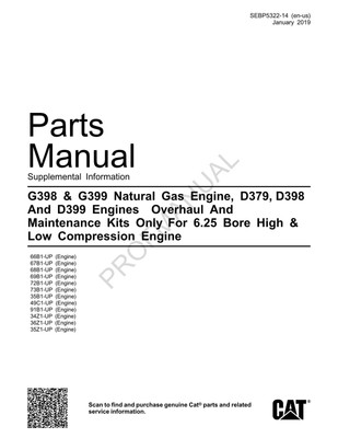 Caterpillar Cat G398 G399 Natural Gas D379 D398 D399 Engine Parts Catalog Manual