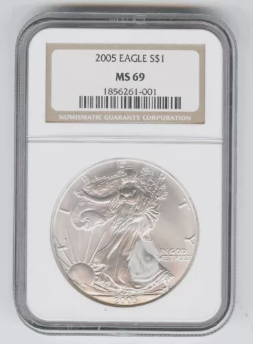 2005  $1  Eagle SILVER Dollar . Eagle on reverse  NGC Graded MS69  Mint State