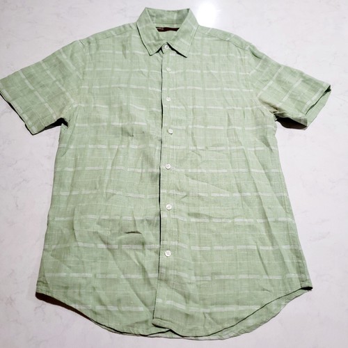 Perry Ellis Linen Blend Shirt Mens Medium Green Plaid Short Sleeve EUC - Picture 2 of 8