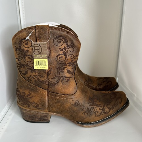 Roper Womens Cognac Faux Leather Short Stuff Cowboy Boots Size 9.5 - Picture 3 of 15