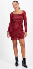 BAR III Women's Checkered Square-Neck Mesh-Overlay Ruched Mini Dress- size 1X