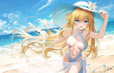 Anime girls swimwear string bikini sky clouds straw hat Playmat