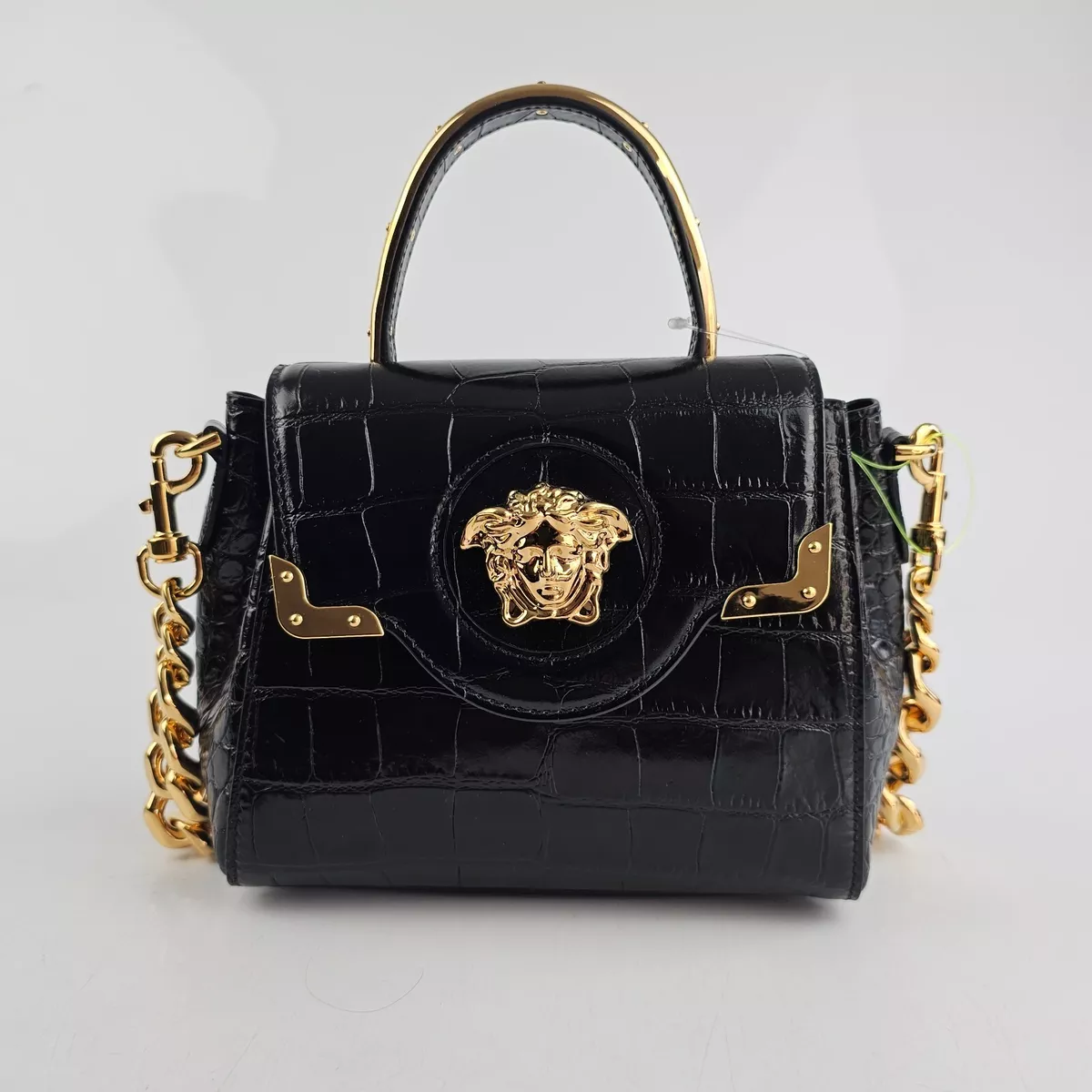 Versace La Medusa Small Black Gold Croc Embossed Leather Top Handle Bag New