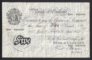 GB KGVI BEALE B270 WHITE £5 FIVE POUNDS BANKNOTE LONDON 30 APRIL 1952