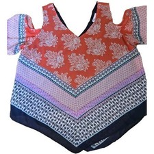 DR2 Women's Cold Shoulder Blouse lined Geometric Pattern Short Sleeve Size XL