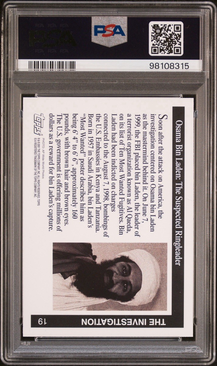 osama bin laden pokemon card Laden: The Suspected Ringleader 2001 Topps Enduring Freedom #19 PSA 10 Pokemon Osama bin Laden 426