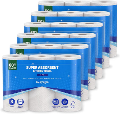By Amazon Supersaugfähiges Küchentuch, 3-Lagig, 18 Rollen (6 Packungen À 3 Stück
