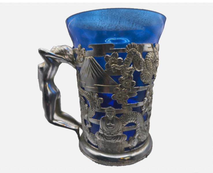 Vintage Japanese Cut Stein Cup w/ Dragon & Woman Figure Art Deco Piece