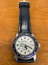 ESQ 300102 VTG Wrist Watch Esquire Swiss Quartz New Battery & Blue Leather Strap