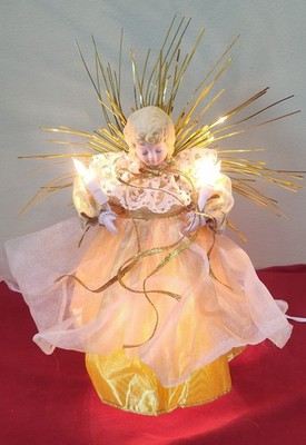 Vintage Gold Angel Christmas Tree Topper Sparkly Gold Tinsel Wings Lights Up