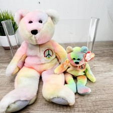 Ty Large Cute Beanie Buddy Peace the Ty-Dyed Bear 1999 14" and small beanie baby