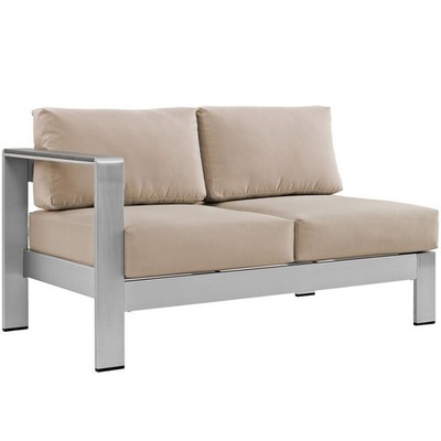 Modway Shore Fabric Aluminum Outdoor Patio Left Arm Loveseat in Silver/Beige
