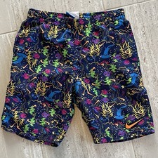Nike Boys Swim Trunks Size Large Navy with Fish Print Mesh Lining Drawstring