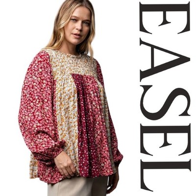 NWT S/L EASEL WINE MIX N MATCH FLORAL PRINTED SMOCKED TOP/SHIRT/BLOUSE BHCS