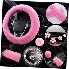 Fluffy Steering Wheel Cover for Women, Faux Wool Steering Wheel Cover Cute Pink