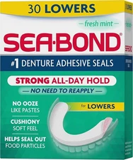 Sea Bond Secure Denture Adhesive Seals, Fresh Mint Lowers, 30 Count