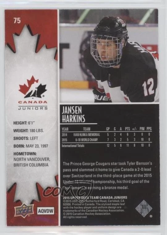 2015 Upper Deck Team Canada Juniors Exclusives /199 Jansen Harkins #75 - Image 2 of 2