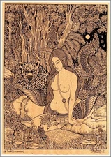 Thai traditional art of Kinnaree by printing on sepia paper.