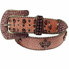Rhinestone Belt Pink Fleur De Lis Bling Western Cowgirl Leather Pebble Finish