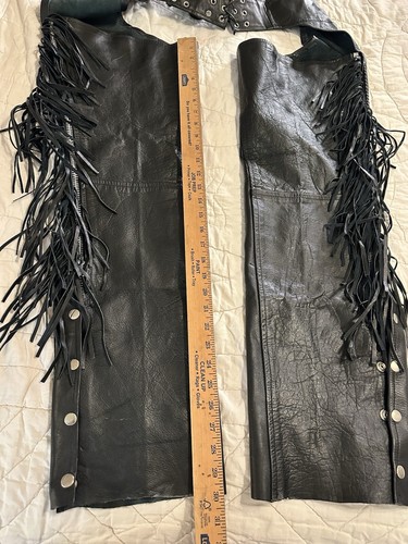 Unik ? XSmall Black Leather Fringe Red Rose Inlay Motorcycle Biker Chaps Read - Bild 9 von 24