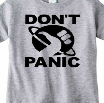 Don't Panic Thumb T shirt Tee Science Fiction Hitchhikers Guide to Galaxy