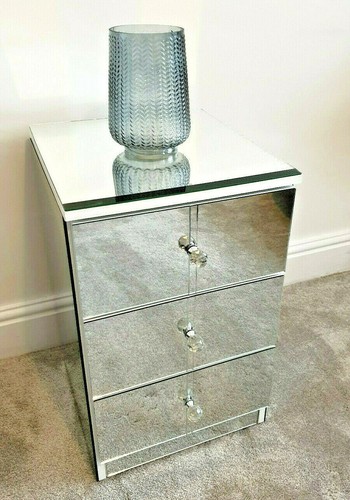 Mirrored Glass Bedside Table Cabinet 3 Drawer Chest Crystal Handles Handmade UK - Picture 3 of 12