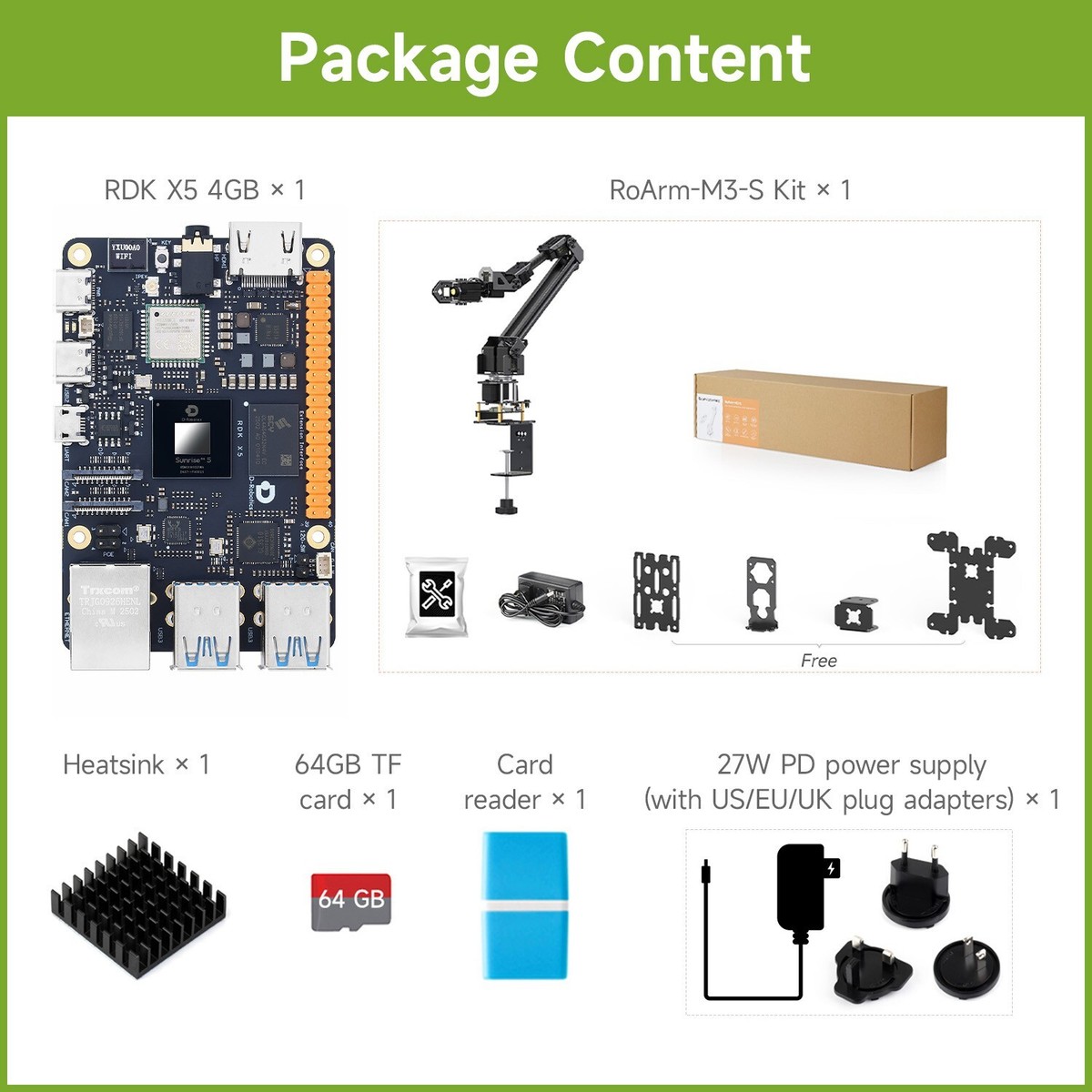 Waveshare RDK X5 4GB Basic Kit, D-Robotics RDK X5 Development Board with Accessory Kit, Powered By Sunrise 5 Chip, Octa-Core Cortex A55 Processor, 10 TOPS Computing Power Waveshare RDK X5 4GB Basic Kit, D-Robotics RDK X5 Development Board with Accessory Kit, Powered By Sunrise 5 Chip, Octa-Core Cortex A55 Processor, 10 TOPS Computing Power