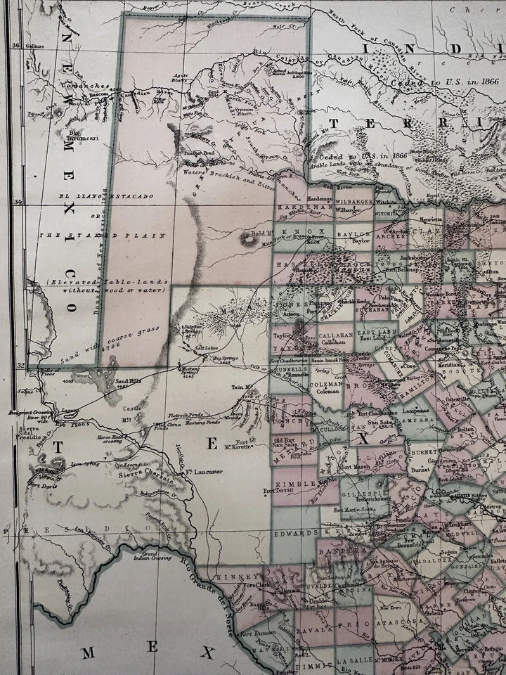 Texas y Territorio Indio 1873 JD Williams mapa estatal temprano coloreado a mano grande Foto 4 de 4