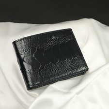 Black Genuine Leather Ostrich Leg Men's Skin Bifold Wallet 6 Card Holder