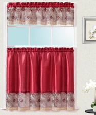 Adele  3-Piece Kitchen Curtain Swag and Valence Set, 36" Inch Burgundy Color