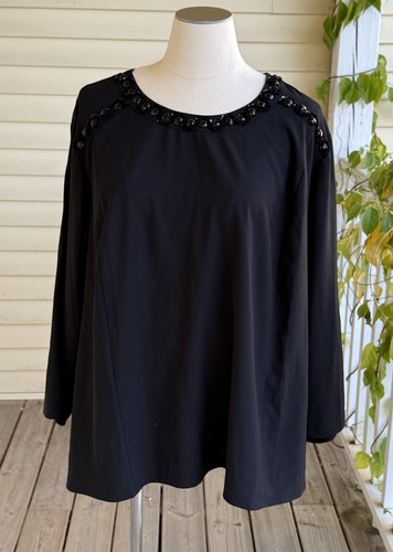 NWT Catherines Blouse Plus 5x 34W 36W Black Chiffon Jeweled Top Split Sleeve