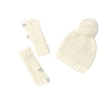 NWT STEVE MADDEN Studded Faux Fur pompom Knit Hat and Gloves Set cream beanie