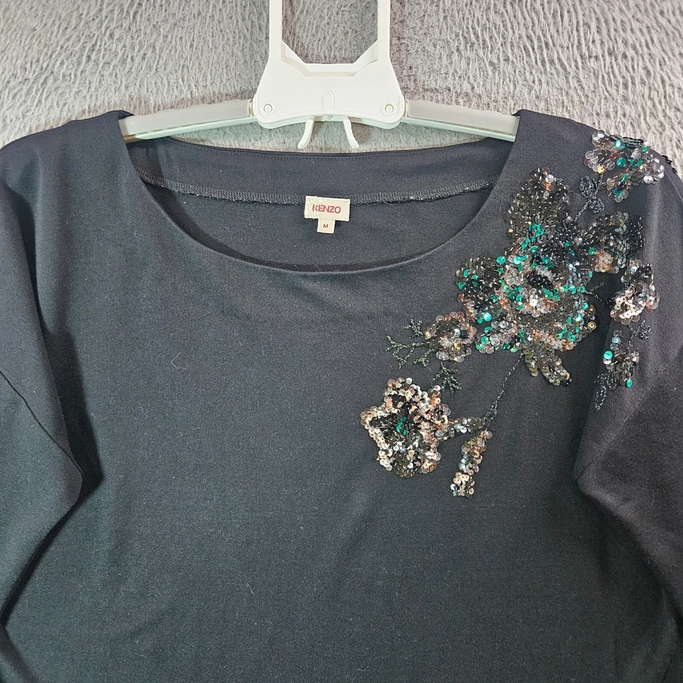 Top Kenzo Mujer Mediano Lentejuelas Adornado Cuello Barco Mezcla Seda Negro Foto 2 de 4